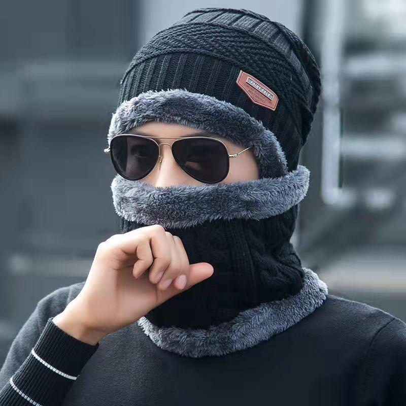 Men's Autumn Winter Warm Two-piece Hat and Neck Warmer Set Outdoor Cold-proof Knitted Woolen Hat and Neckerchief Set for Men