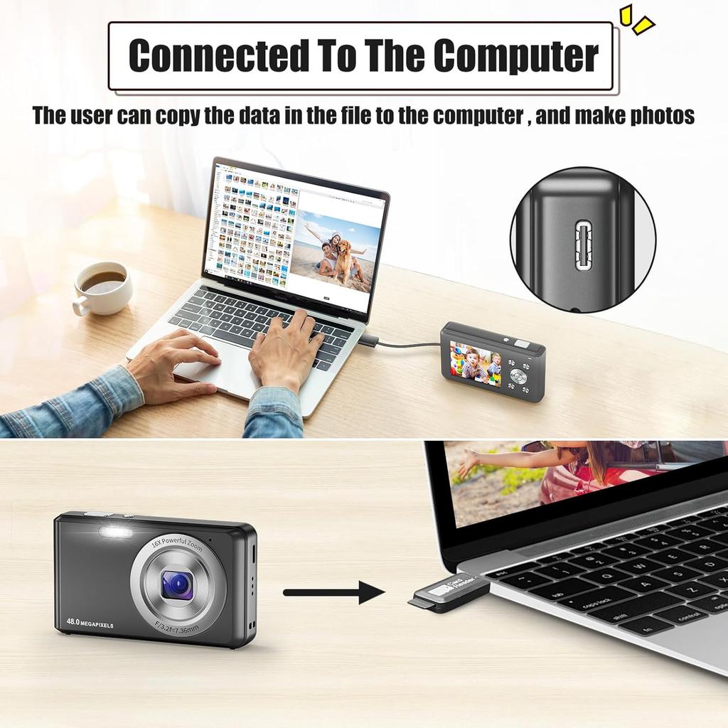 Digital Camera, HD 1080P Compact Camera with 32GB Memory Card, 48 Megapixel Camera, 2.4-inch LCD 16x Digital Zoom Digital Camera for Kids, Girls,