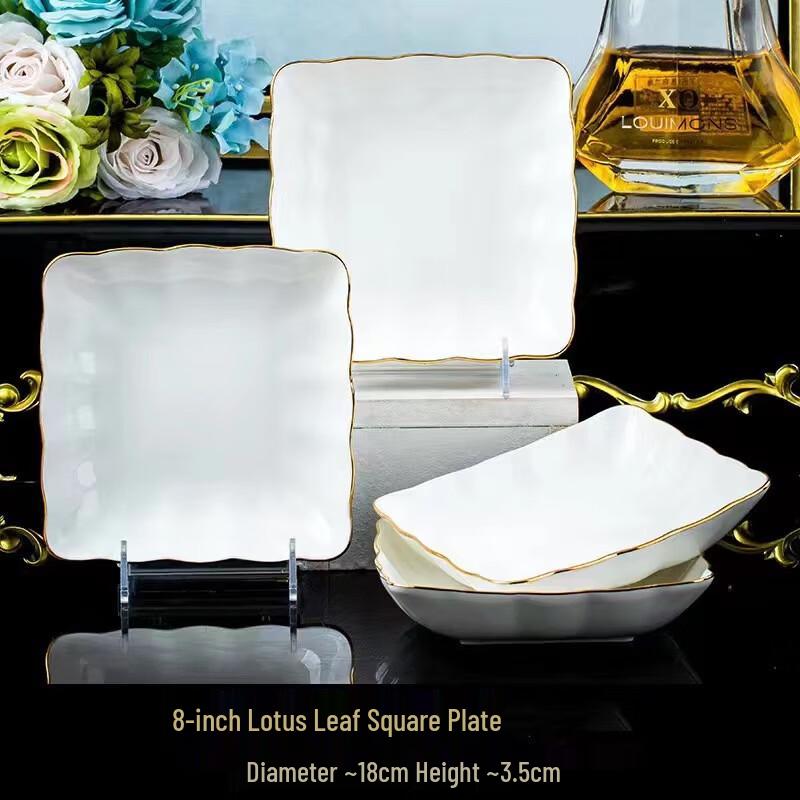 Gold Inlaid Jade Bone China Wavy Plate Set