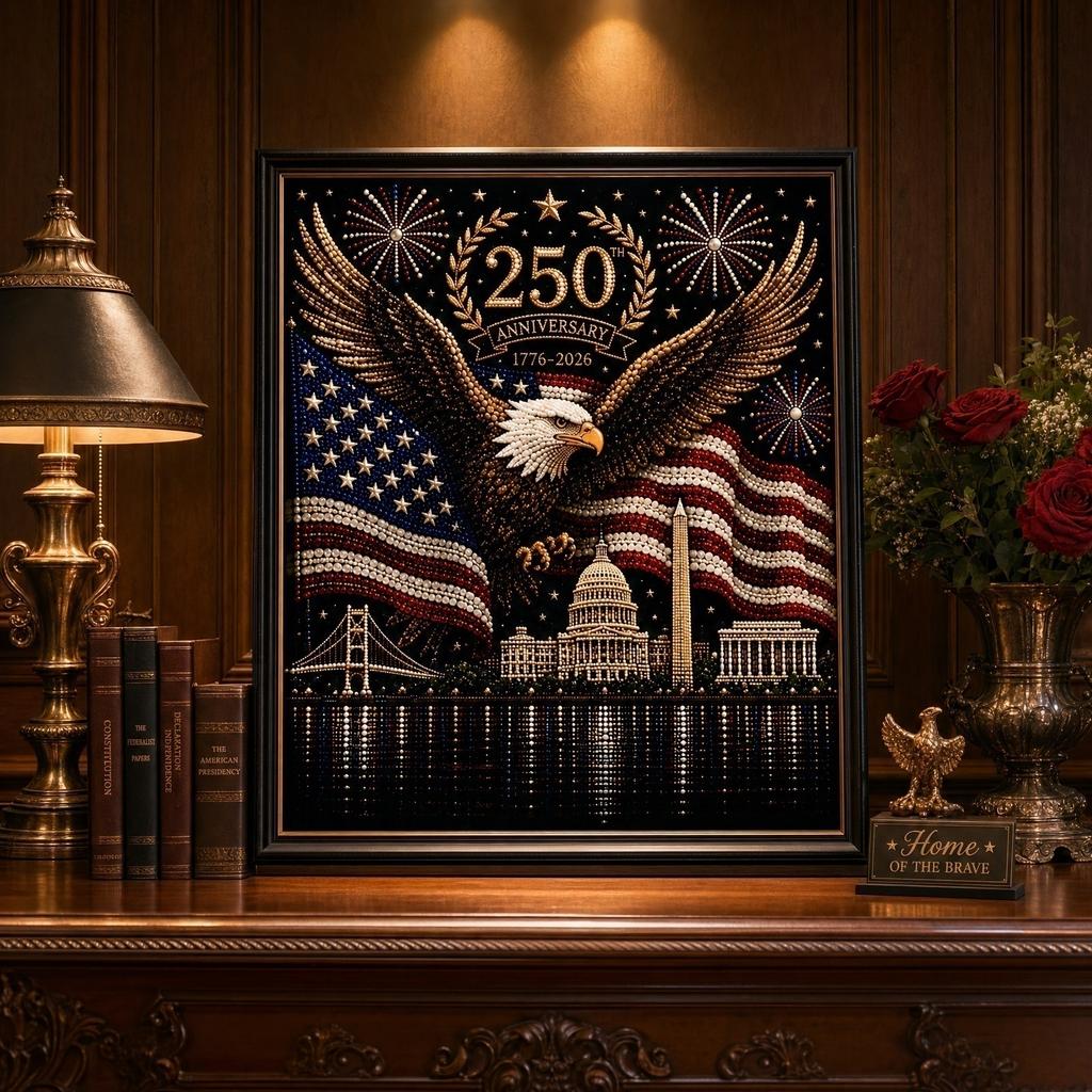 250th Anniversary Pearl Art Kit Featuring American Eagle and Landmark Design Includes Beads Tools and Frame for Crafting Wall Decor