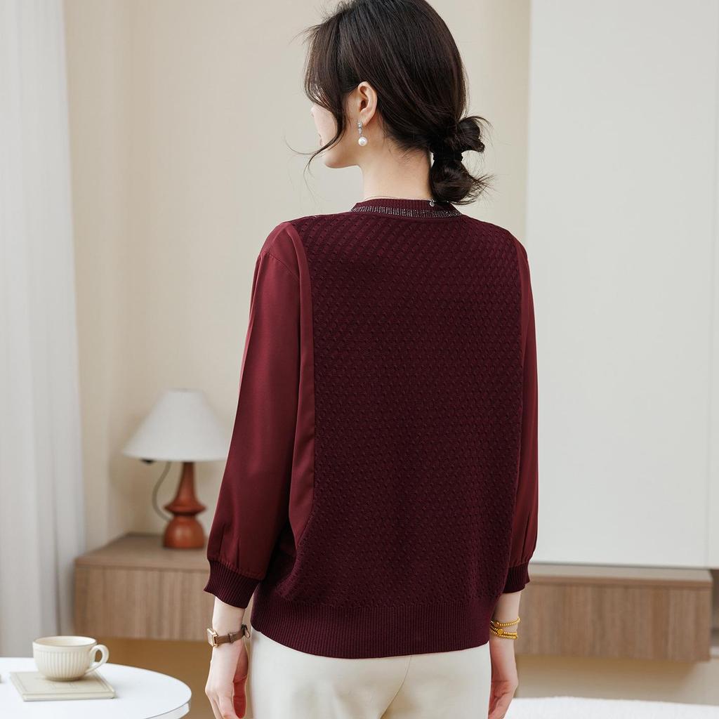 Mother's Spring Style: Gauze Sleeve Knit Top with Hot Drill and Nine-Point Sleeves for Middle-Aged Women
