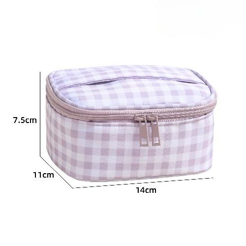 Cute Red Purple Plaid Handbag for Women, Portable Travel Makeup Pouch, Small Large Toiletry Cosmetic Bag with Zipper