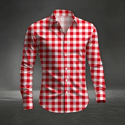 Men's Classic Plaid Shirt with Plaid Printing, Slim Fit Collar Long Sleeve Shirt, Men's Top, Comfortable Fabric
