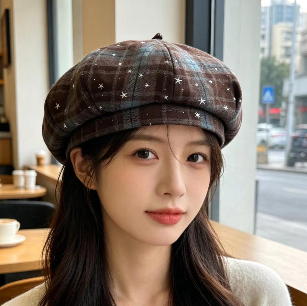 Beret women's new autumn woolen British retro plaid bud hat literary sweet cool painter hat tide