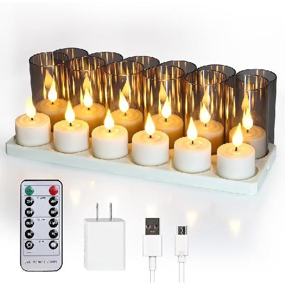 Rechargeable Tea Lights Candles with Remote Timer, 12 Packs Flameless Flickering led Tea Lights Votive Candles with USB Charging for Home Decor