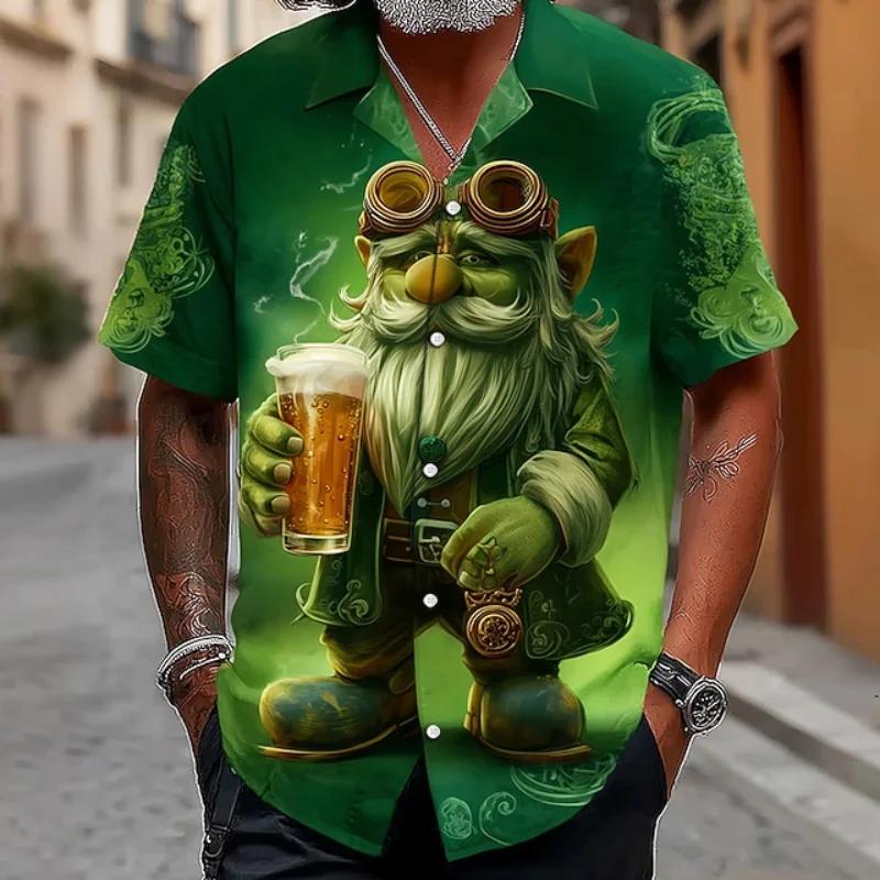 3D Print St Patrick Green Hawaiian Shirts For Men Casual Short Sleeve Button Up Surfing Shirt Tops Men's Beach Shirts Clothing