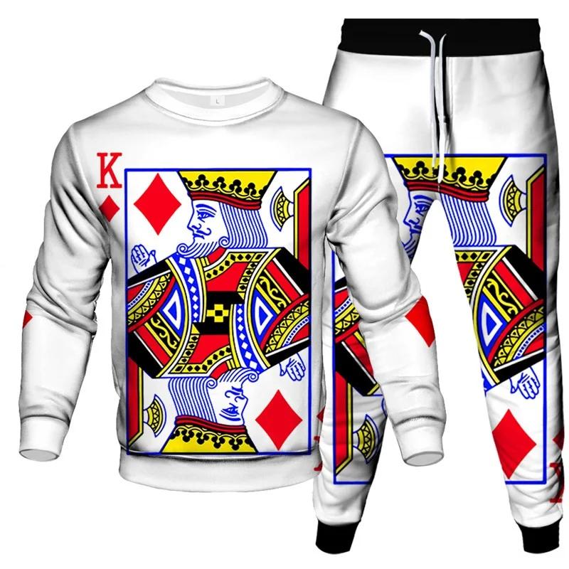 Poker Skull Print Autumn Men's Outfit Casual Tracksuits Vintage O Neck Sweatshirt Jogging Pants Sets Oversized Man 2 Piece Suits