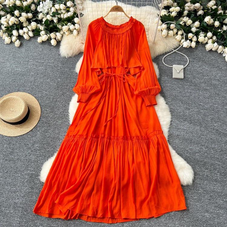 

French Vintage Evening Dress Elegant Asymmetrical Ruffle O Neck Long Sleeve Lace Up Spliced Chic High Street Autumn Clothing One Size помаранчевий