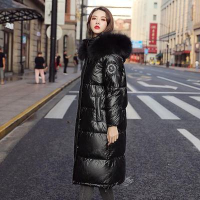 Women Winter Down Cotton Jacket Coat Hooded Glossy Long Badge Fur Collar Pocket Loose Jersey Solid Color