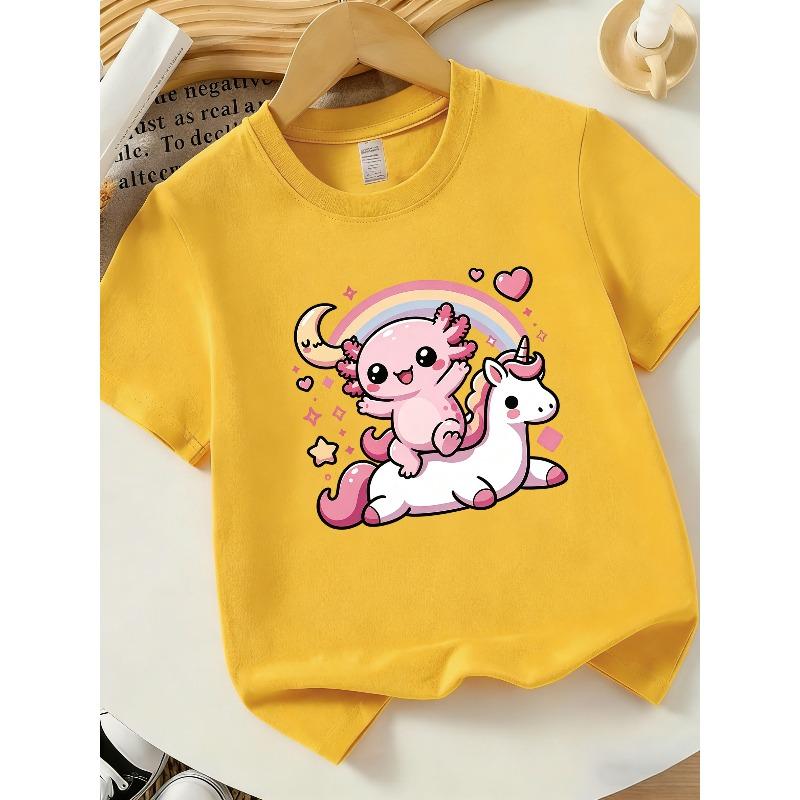 European sizes Cute and Versatile Teen T-Shirt, Adorable Axolotl Print Pattern, Comfortable Unisex Style for Boys and Girls, Casual Versatile Top