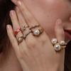 Anello geometrico a forma di fiore placcato oro 18 carati con perle sintetiche e zirconi
