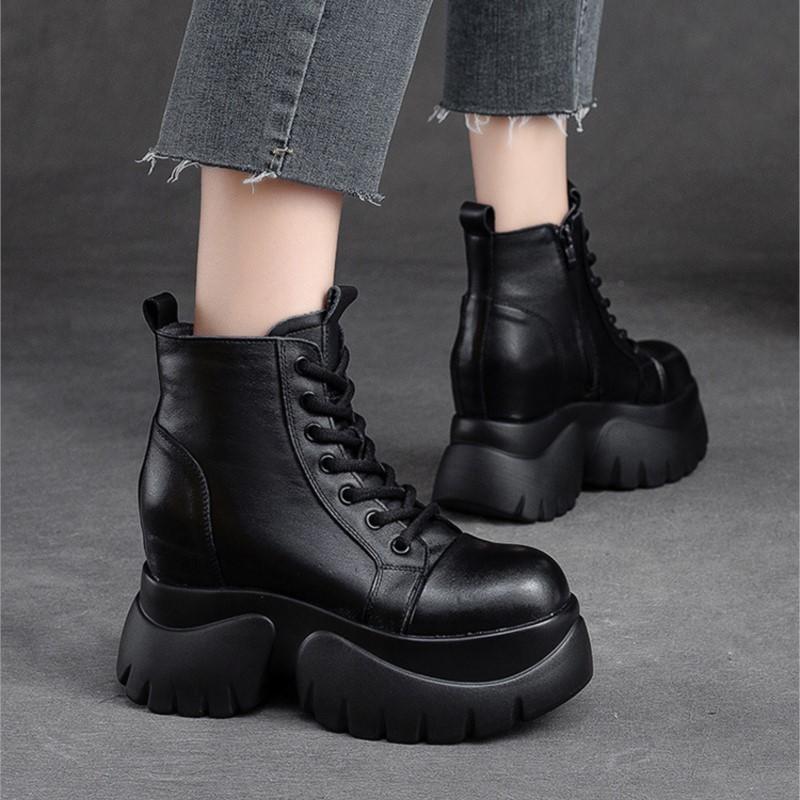 Johnature Pravá kůže Silná podrážka Dámské Kozačky Retro Kulatá špička Boční Zip Klínky Boty na platformě