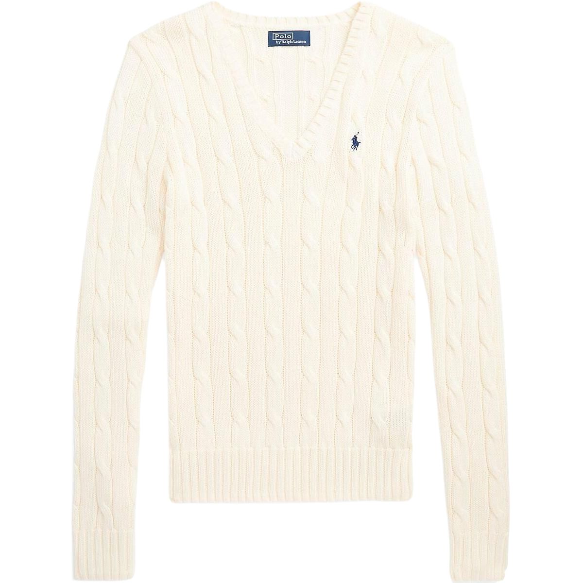

Polo Ralph Lauren SS23 Однотонный пуловер с V-образным вырезом и вышитым логотипом Тонкий вязаный свитер Женский свитер Цвет: Кремовый WMPOSWENC020658-101 M