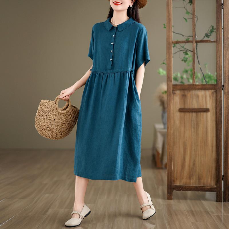 2024 Summer Japanese Style Cotton-Linen Polo Collar Midi Dress for Women