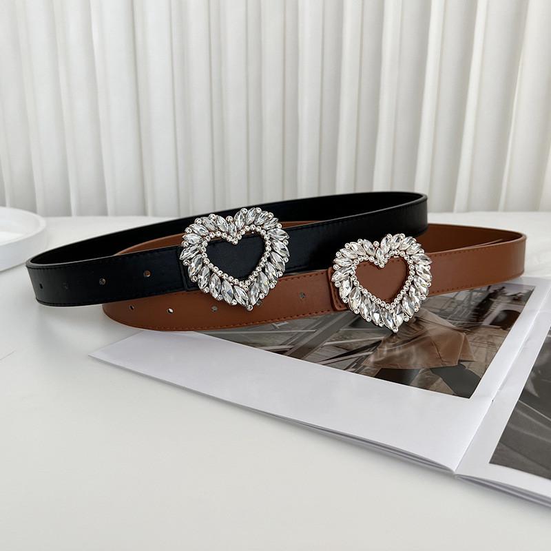 Elegant Women's Pu Leather Belt With Heart Shaped Buckle And Rhinestone Embellishments