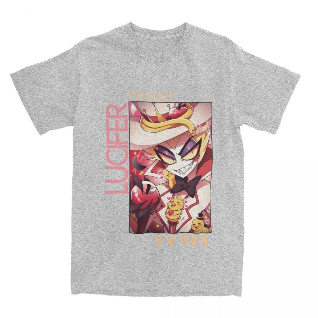 Humorous Hazbins Hotels Lucifer Kawaii T-Shirts Men Crew Neck 100% Cotton T Shirts Short Sleeve Tees Unique Tops