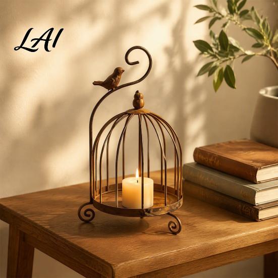 Rustic Style Metal Lantern Vintage Birdcage Candle Holder Tealight Decorative Artistic Display Stand for Home Decor Dining Table Living Room