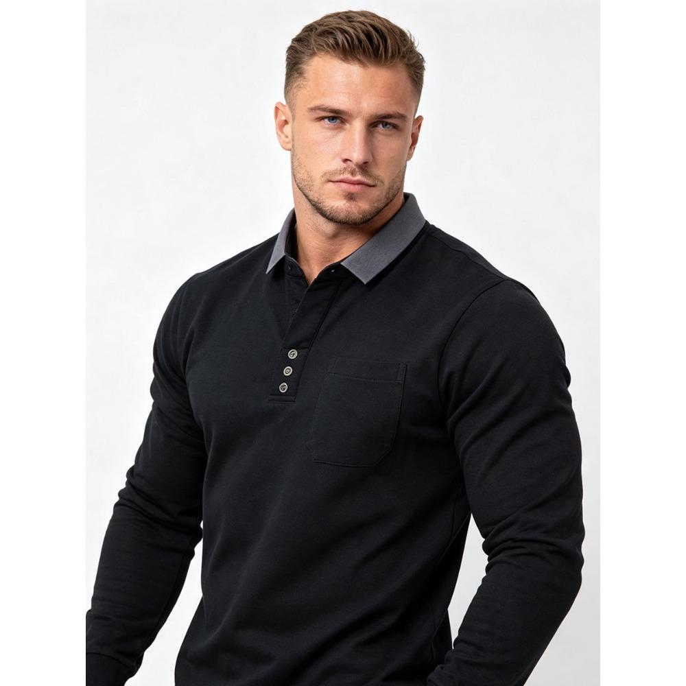 Men's Long Sleeve Polo Shirt with Chest Pocket - Contrast Collar Button Down Casual Top - Slim Fit Business Casual Pullover