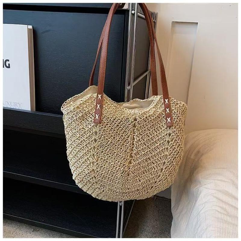 Versatile zipper straw bag women's handwoven bag seaside vacation beach bag large capacity shoulder tote bag