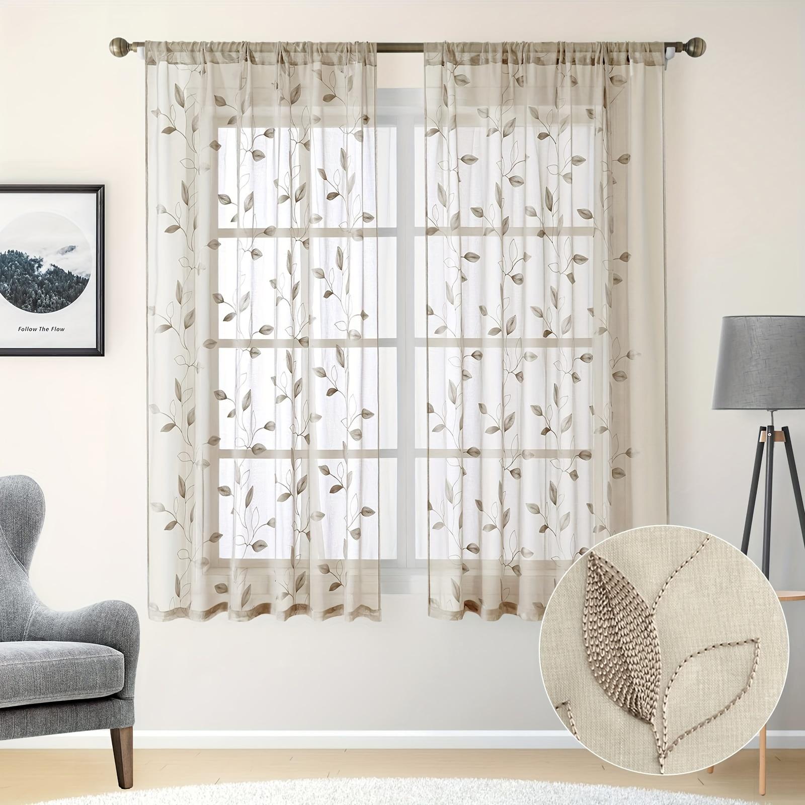 

2pcs Garden Style Embroidered Leaf Pattern Sheer Curtains, Rod Pocket Polyester Drapes for Bedroom, Living Room, Kitchen 52x63inch/132x160cm сіро-коричневий