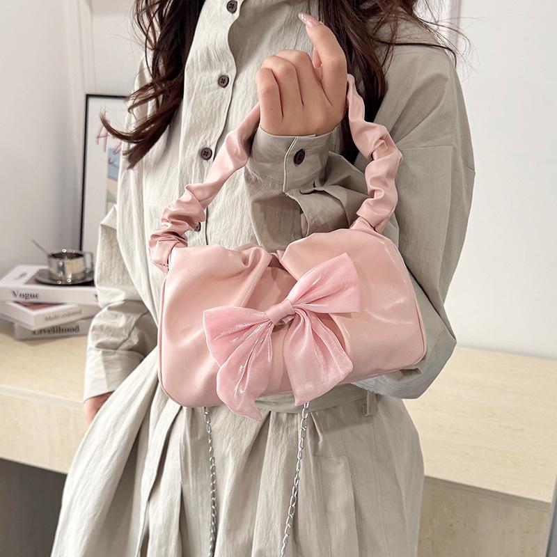 French Sweet Bow Pleated Strap Shoulder Bags for Women Versatile Ladies Chain Crossbody Bag Solid Color Female Pu Handbag Purse