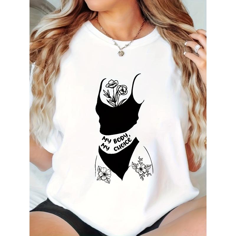 

My Body My Choice Feminist Tee - High Stretch, Crew Neck, Casual Style, Alphabet Pattern, All-Season Wear for Women S белый