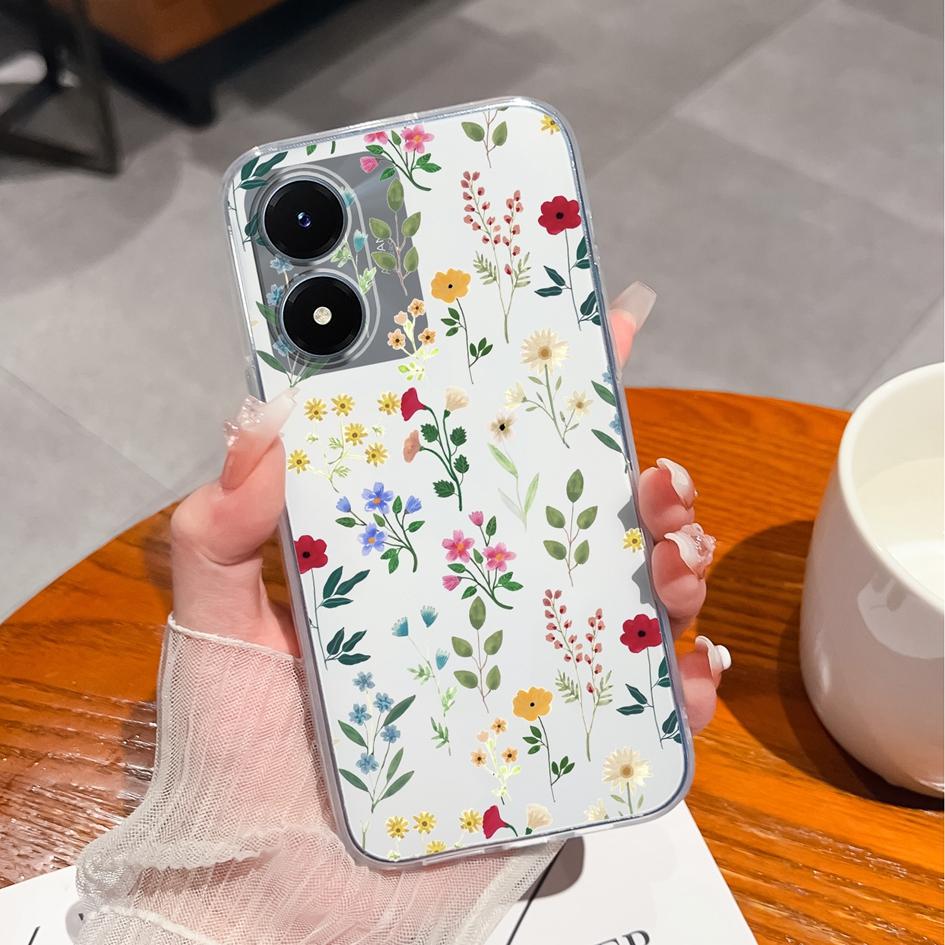 Étui de téléphone pour Vivo Y27 Y15 Y21 Y20 Y36 Y33 Y02S Y10, coque arrière de luxe antichoc, sac de téléphone Transparent mat en Silicone souple, fleur pour Vivo pare-chocs