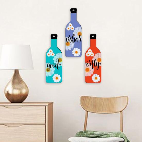 3 Pcs Wooden Wine Bottle Wall Art Good Vibes Only Wall Hanging Ornament Vintage Floral Bottle Sculpture for Walls Doors Entrances Home Decor