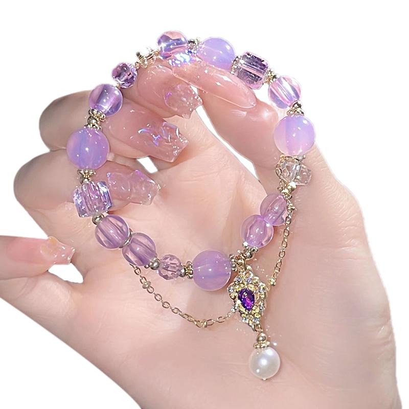 Chinese Style Light Luxury Purple Glass Crystal Beaded Bracelets For Women Tassel Pendant Bracelet Sweet All-match Wrist Jewelry