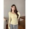 Long-sleeved T-shirt for Women's Spring and Autumn New Pink Wavy Collar with Spice Girl Pure Desire Slim-fit Girl Top Bottom Shirt