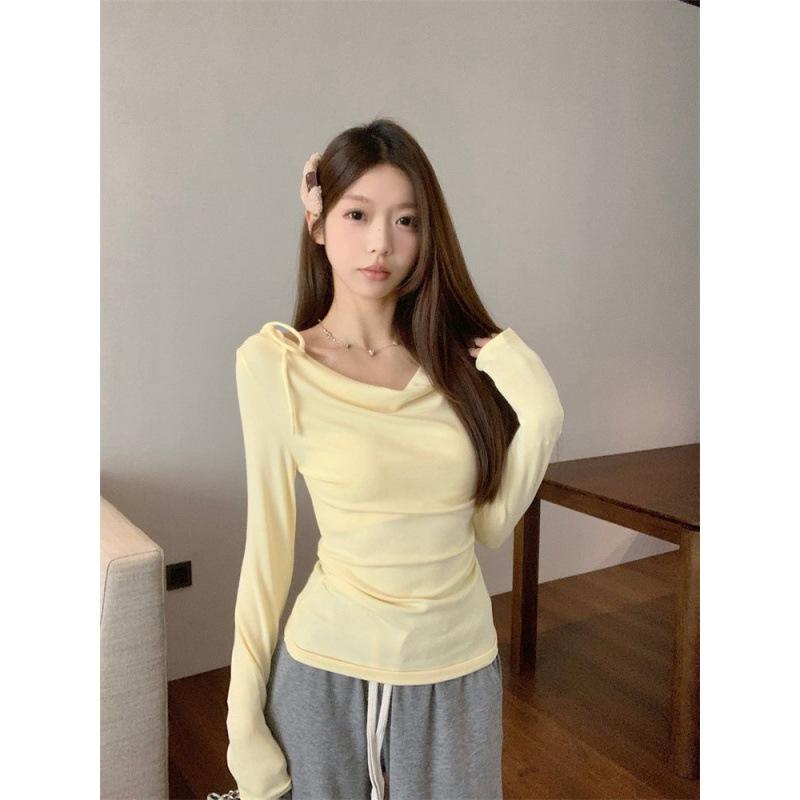 Long-sleeved T-shirt for Women's Spring and Autumn New Pink Wavy Collar with Spice Girl Pure Desire Slim-fit Girl Top Bottom Shirt