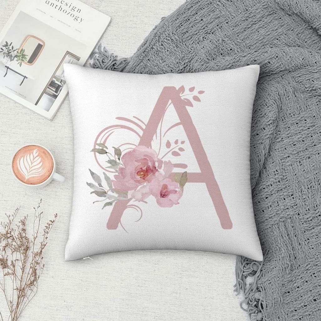 Alphabet A Throw Pillow Covers, 18" X 18" Pink Floral Monogrammed Pillow Cases - Letter A Pillow Covers - Initial Pillow Cover - Soft Square Cushion
