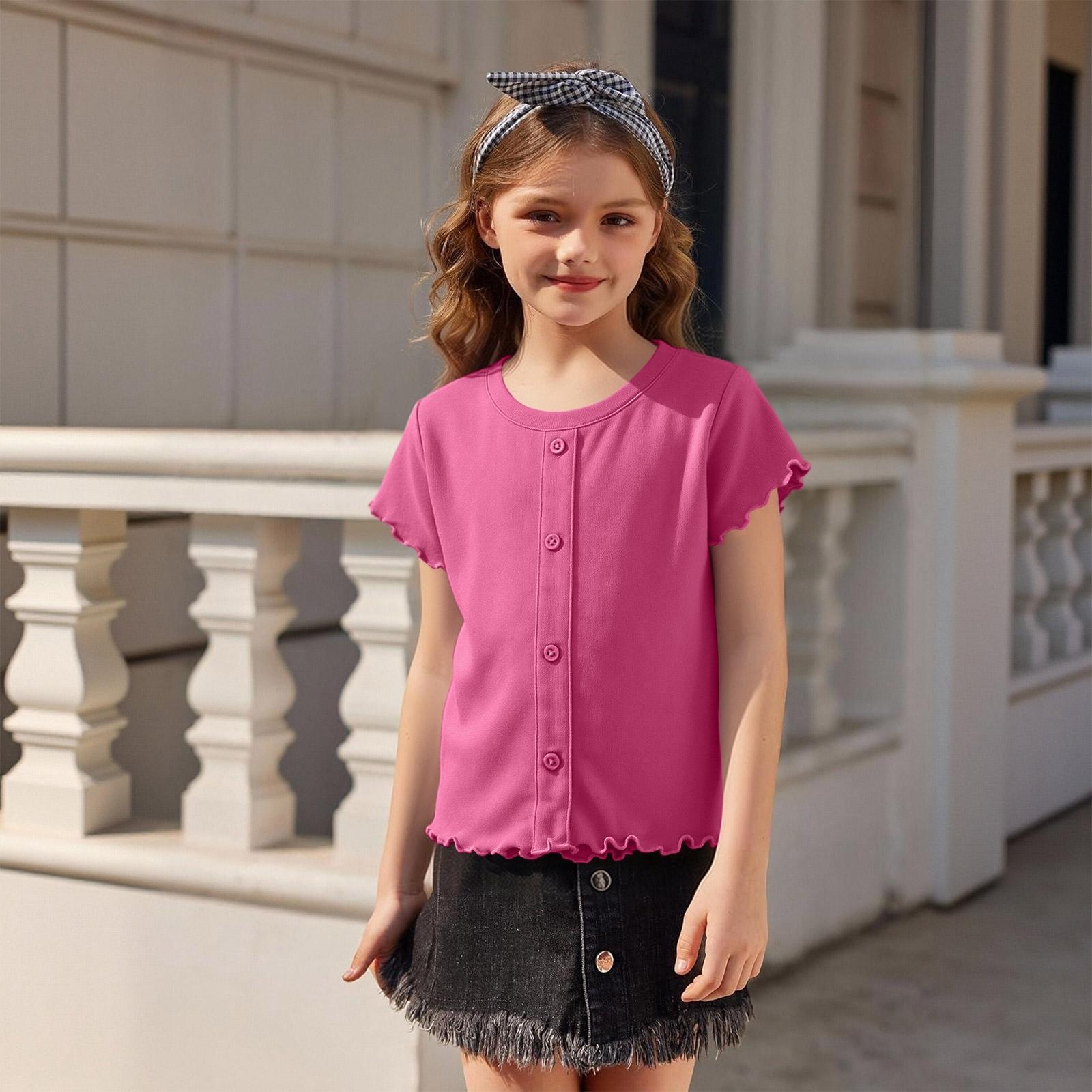 Girls Casual Short Sleeve Button Front Top Crew Neck Ruffle Edge Hem Lightweight Summer Shirt 90
