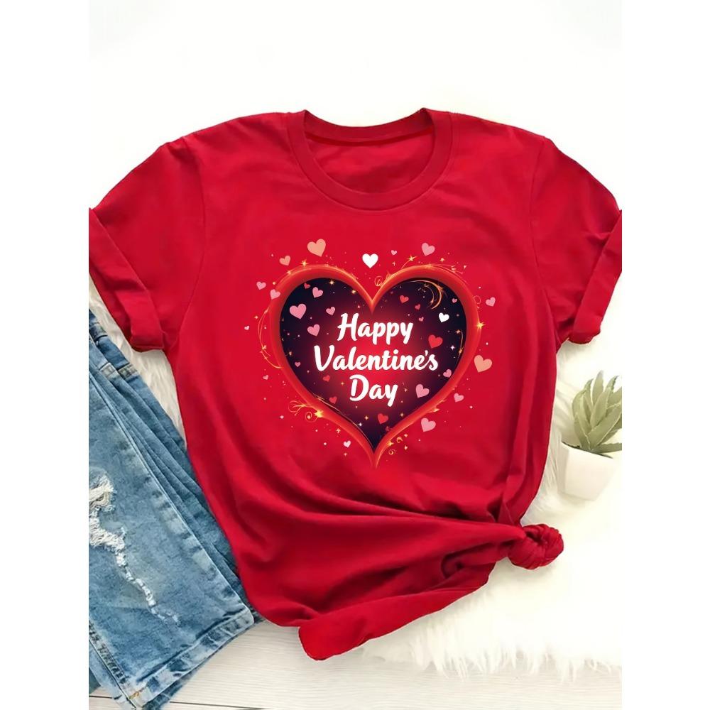 Women's Short Sleeve T-Shirt Valentine's Day Graphic Print with Heart Sparkling Stars "Happy Valentine's Day" Aesthetic Clothes