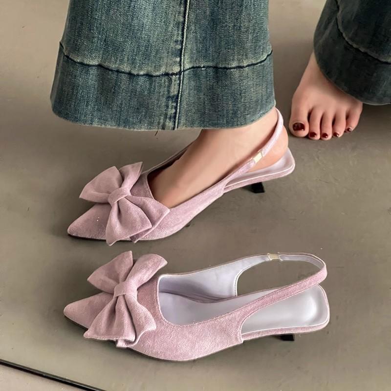 French silver pointed single shoes bow high heel sandals summer new fashion low heel rear empty light mouth slippers women