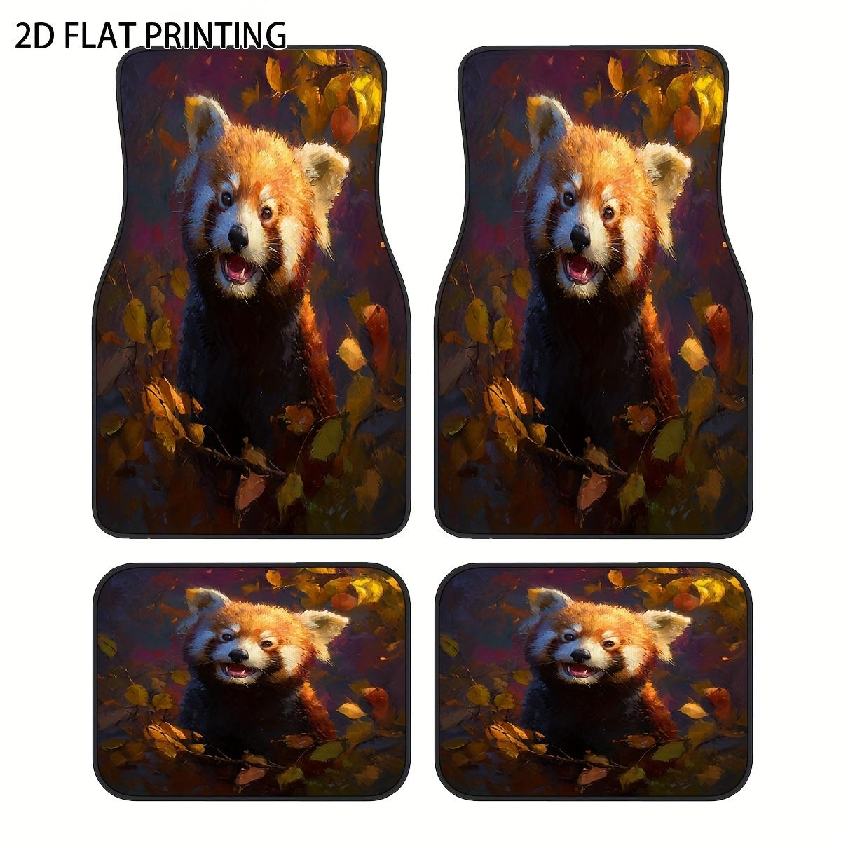 4pcs Brown Base Lively Panda Pattern Printed Car Floor Mats, Universal Polyester Material, All-Season All-Weather Interior Prote