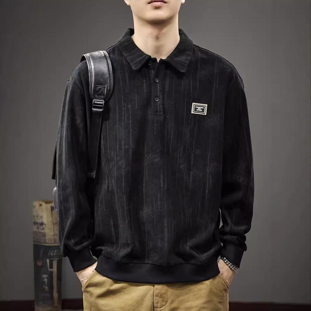 Spring And Autumn Texture Heavy Knitted Sweater Men'S American Printed Paul Shirt Autumn Loose Long Sleeve Polo Shirt