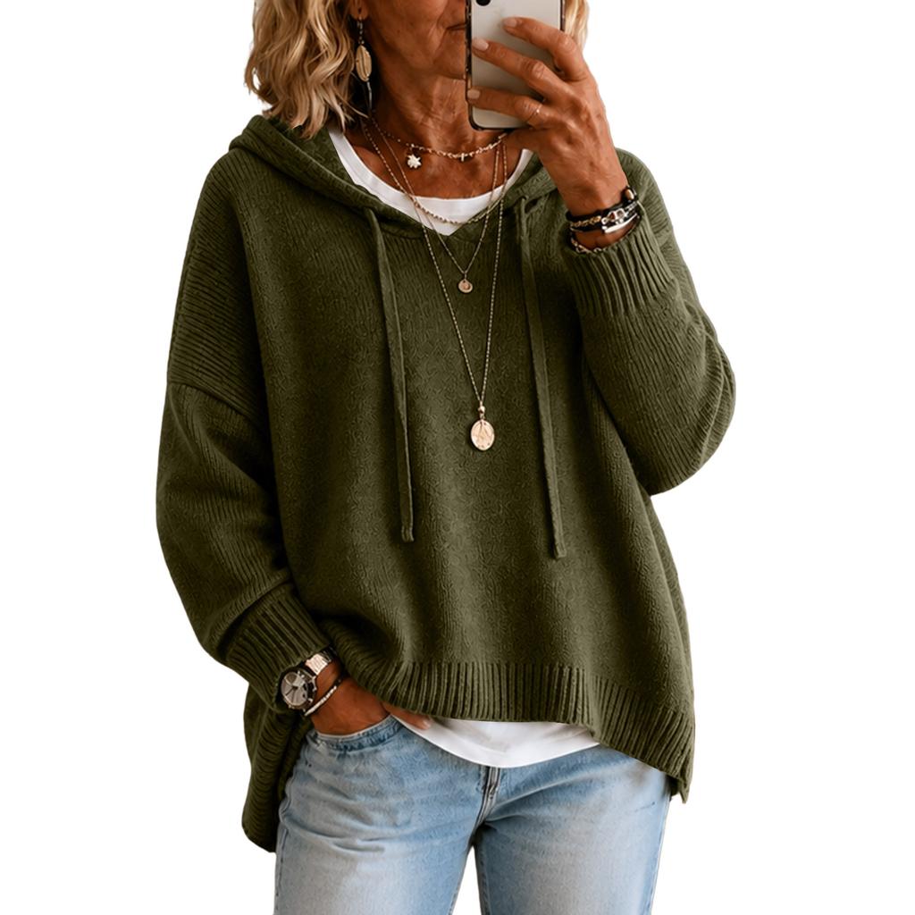 Women's Hooded Knitted Pullover Sweater Long Sleeve Loose Fit Casual Top