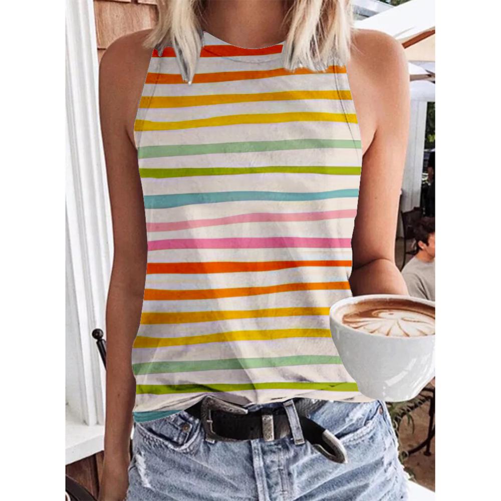Fashion Geometric Rainbow 3D Print Tank Tops Summer Women O-Neck Casual Vest Off Shoulder Y2k Sleeveless Camisole Woman Clothing