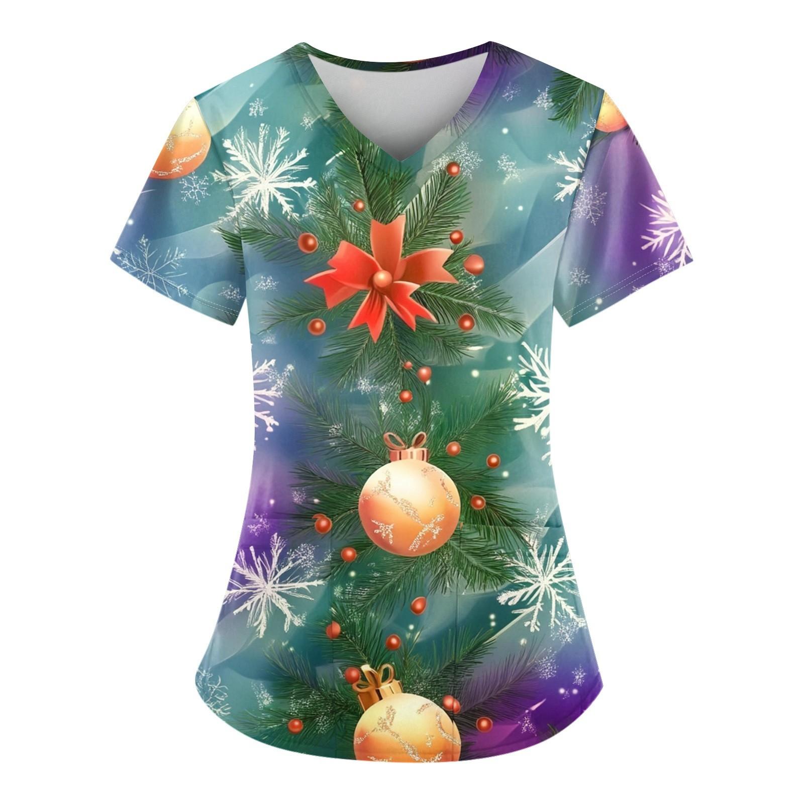 

Женский свободный облегающий топ с принтом рождественского снеговика и V-образным вырезом, короткими рукавами и карманами S