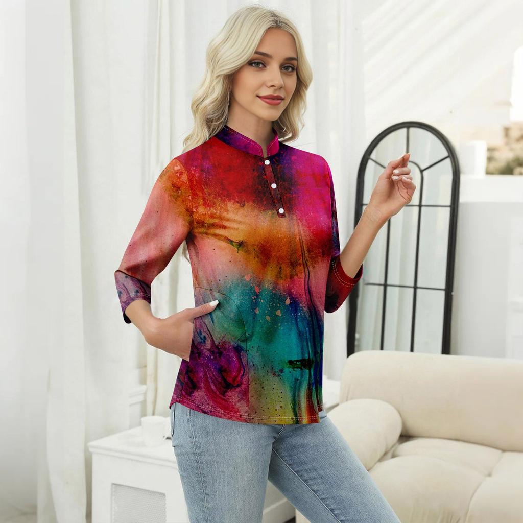 Damen Casual Blumenmuster V-Ausschnitt 3/4 Ärmel Dekorative Knöpfe T-Shirt Top