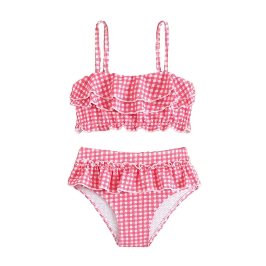 Mergaitei dviejų dalių bikini maudymosi kostiumų komplektas su banguotu krašteliu viršutine dalimi ir sijonėliu apačioje, reguliuojamomis petnešėlėmis, lengvas, greitai džiūstantis maudymosi kostiumas vaikams