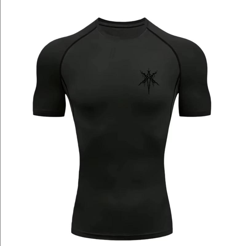 Gothic Cross Pattern  Men’s Sport T-shirt Training/fitness Compression Athletic Wear  Running T-shirt  Rashgard Y2K Top
