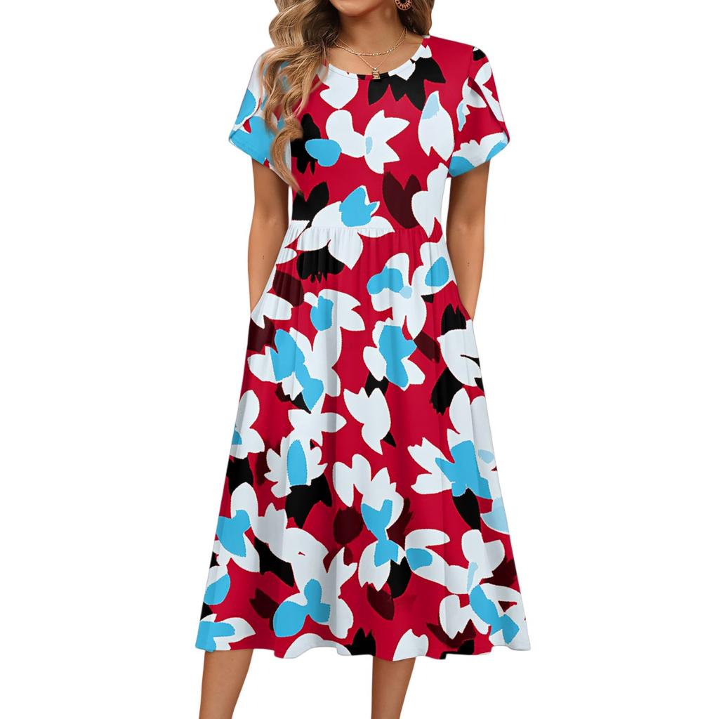 Damenmode Sommer Rundhals Kurzarm Blumendruck Strandkleider