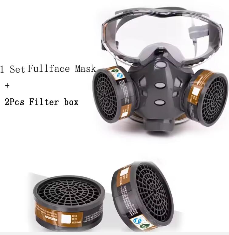 Skyddande kemisk andningsmask med dubbla kolfilter för sprutning av bekämpningsmedel, måleribranschen, säkerhetsgasmask med imfria glasögon