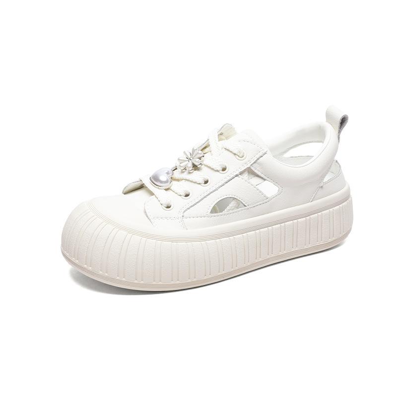 Baotou Sandals Women's New Summer Thick-soled Heightening Leather Hollowed-out Breathable Versatile Casual Empty White Shoes