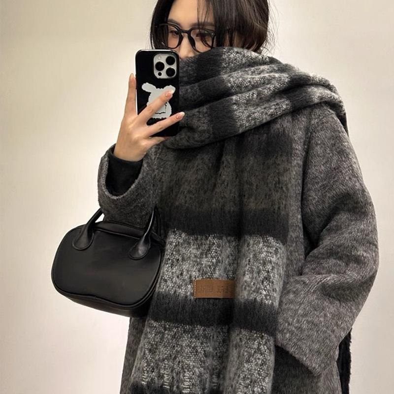 Korean Style Plaid Mohair Scarf - Women's Winter Imitation Cashmere Shawl