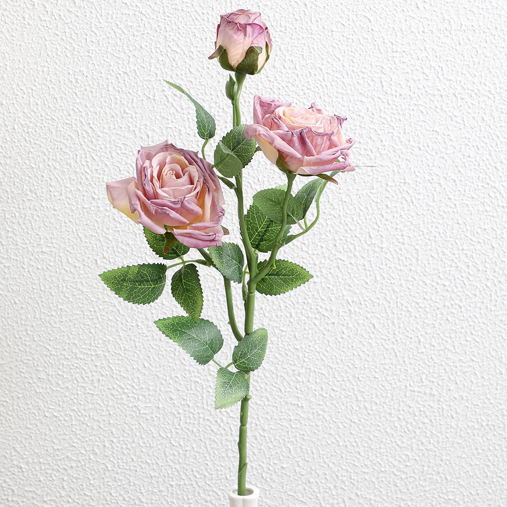 Scorched Edge 3-Head Artificial Rose, Retro Style Fake Flower for Home and Wedding Decoration, Photography Prop.