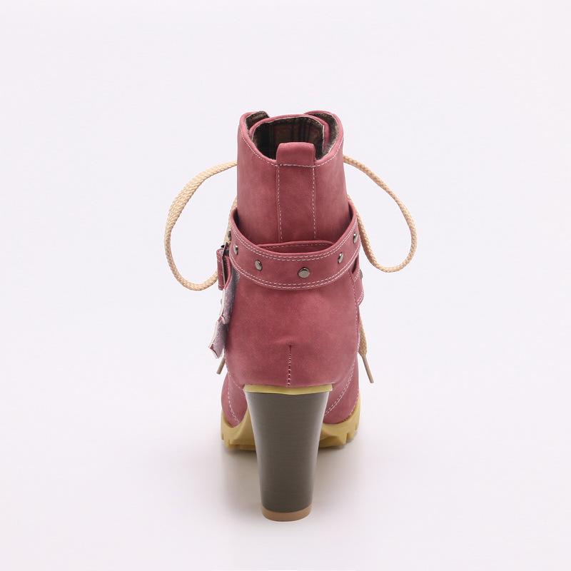 Front lace-up large-size women's boots, belt buckle, short boots, high-heeled rivet boots, long-term supply