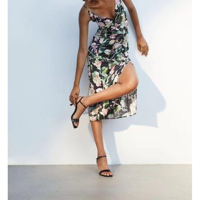 

Export Single H Home Suspenders Exquisite Printed V-neck Elegant Waist Trimming Versatile Smooth Fabric High Waist Fashion Dress Women Black color XL